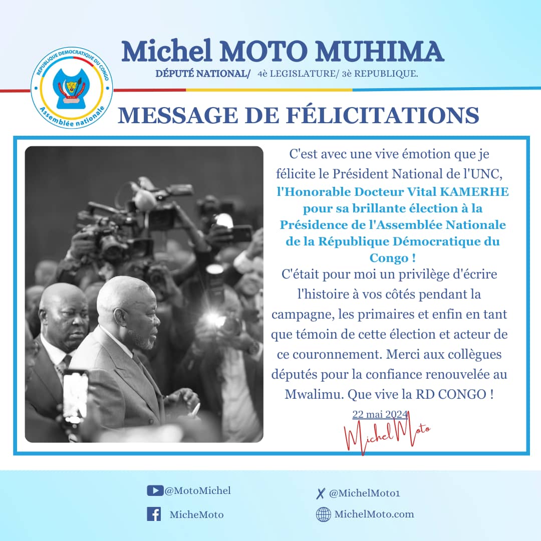 🔴Mon message de félicitations à l'honorable @VitalKamerhe1 pour son plébiscite au poste de Président de l’Assemblée Nationale. Mes remerciements de m'avoir confié la mission d'être votre témoin pour ces scrutins. Kisalu me banda ! Kazi inaanza ! Musala ebandi ! 🇨🇩