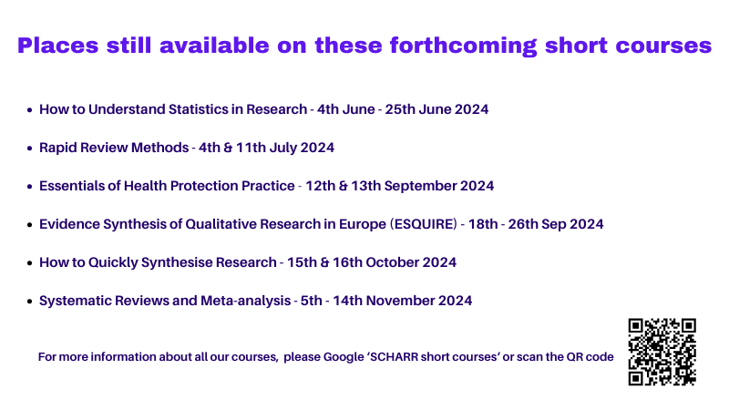 Want to learn about 🔵How to Understand Statistics in Research 🔵Rapid Review Methods 🔵Essentials of Health Protection Practice 🔵Evidence Synthesis of Qualitative Research in Europe Then we have it covered. Find out about these short courses and more. sheffield.ac.uk/smph/cpd/short…