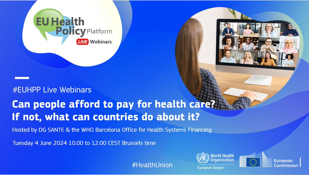 Can people afford to pay for healthcare? And if not, what can countries do about it? Join our #EUHPP live webinar which will tackle issues of affordable healthcare and the way forward. 📅4 June See more information here ➡️europa.eu/!HtCBhX #HealthUnion