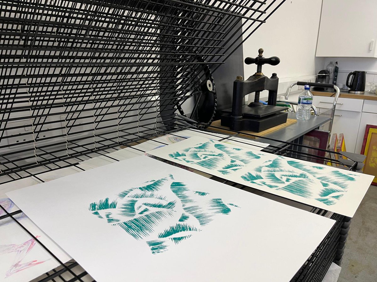 BazookaArts's tweet photo. Where has the sunshine gone? Here is Donna's screenprint to bring some sunshiney-happy-colour to the day! 
This work is being made @GlasPrintStudio as part of our #carerbreather funded programme, providing creative #shortbreaks for carers. @nlct_carers @HSCPNorthLan https://t.co/GsDGn0Pj8e
