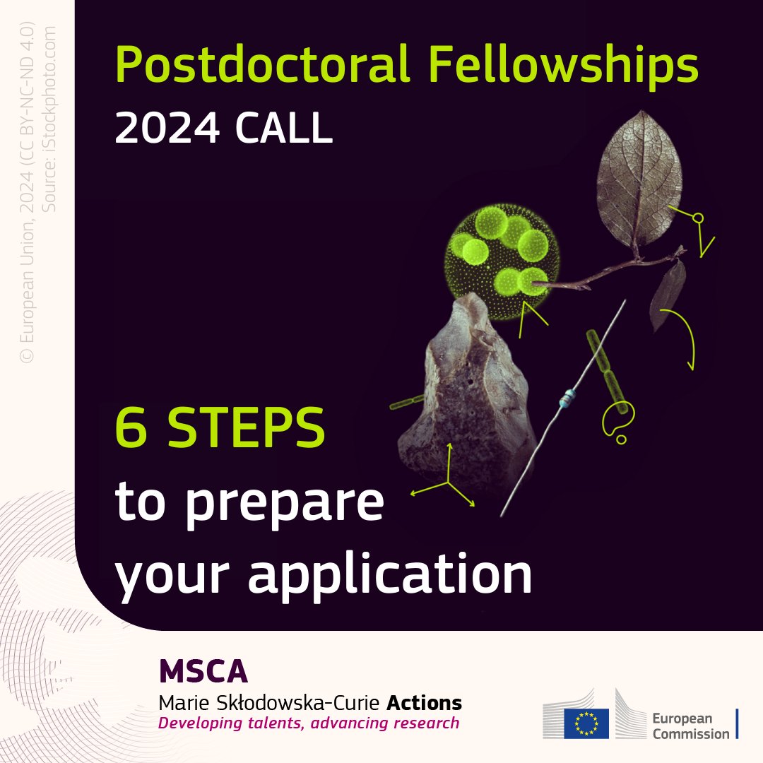 The #MSCA Postdoctoral Fellowships 2024 call is open! Follow our guide to get ready: 1️⃣Learn the basics 2️⃣Check your eligibility 3️⃣Find host organisations 4️⃣Draft your application 5️⃣Get feedback from experts 6️⃣Submit your application! More info: europa.eu/!dB783t