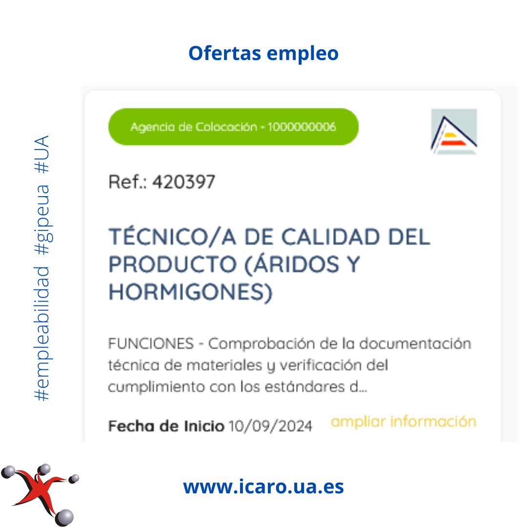 GIPE (@gipeua) on Twitter photo Tablón de ofertas de Empleo:
Técnico/a Calidad del Producto (Áridos y Hormigones) - Elche
gipe.ua.es/es/tablon-de-o…
<a href="/EPSAlicante/">EPS Alicante</a> <a href="/diquiua/">Ingeniería / Enginyeria Química UA</a> <a href="/Ciencias_UA/">CienciasUA</a> <a href="/DelcienciasUA/">Delegación Estudiantes de Ciencias UA</a> <a href="/UA_Universidad/">Universidad de Alicante UA</a> <a href="/CentroEmpleoUA/">Centro de Empleo | UA</a> <a href="/_Alumni_UA/">AlumniUA</a> #empleabilidad #gipeua #UA Tablón de ofertas de Empleo:
Técnico/a Calidad del Producto (Áridos y Hormigones) - Elche
gipe.ua.es/es/tablon-de-o…
<a href="/EPSAlicante/">EPS Alicante</a> <a href="/diquiua/">Ingeniería / Enginyeria Química UA</a> <a href="/Ciencias_UA/">CienciasUA</a> <a href="/DelcienciasUA/">Delegación Estudiantes de Ciencias UA</a> <a href="/UA_Universidad/">Universidad de Alicante UA</a> <a href="/CentroEmpleoUA/">Centro de Empleo | UA</a> <a href="/_Alumni_UA/">AlumniUA</a> #empleabilidad #gipeua #UA