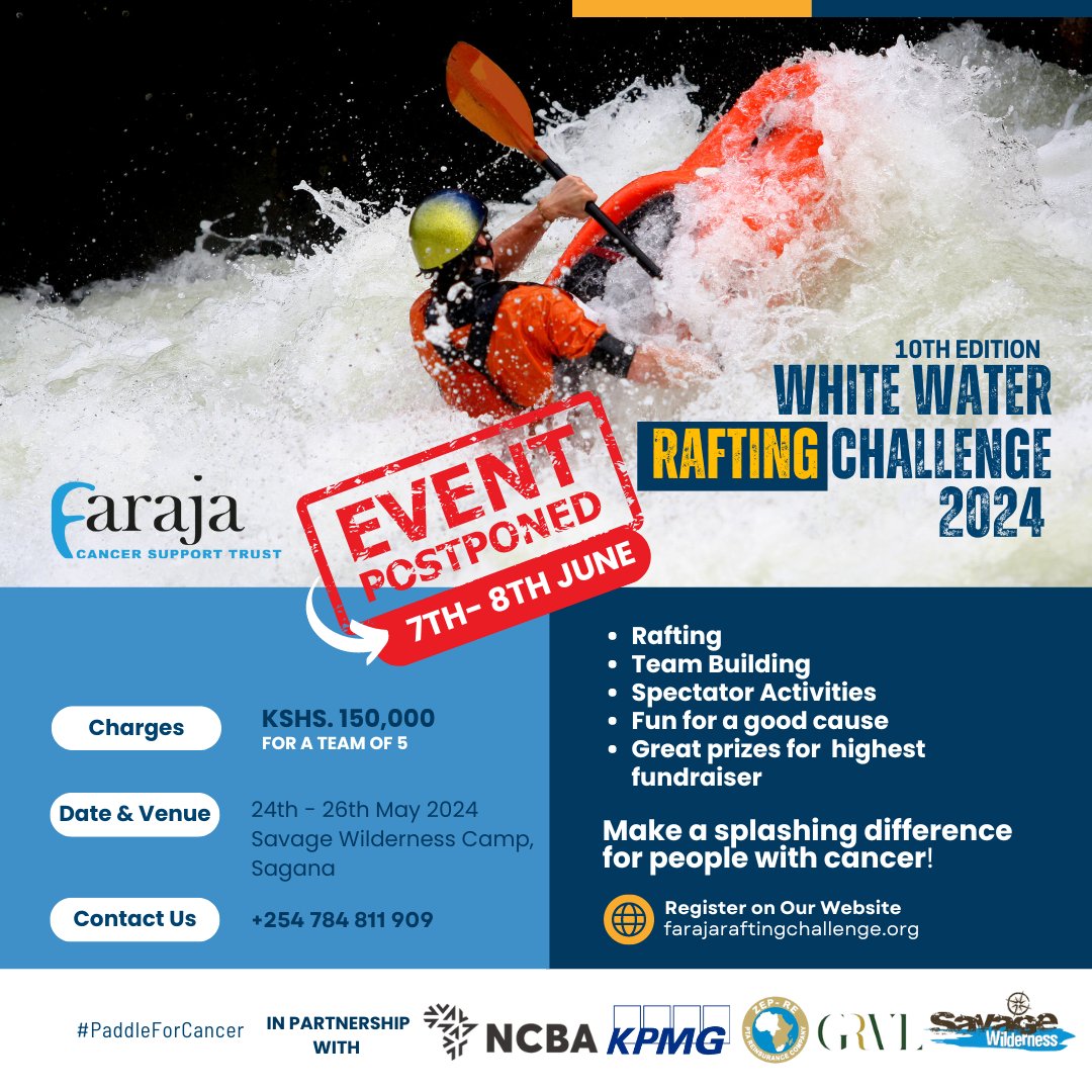 FarajaTrust's tweet photo. Due to unfavorable weather, we've postponed the #PaddleforCancer event to June 7-8, 2024. High water levels in Nyeri mean safety first for all. Thanks for your supportβweβre just postponing the fun! π₯³ Reach out if you need any info. See you in June! ππ£ββοΈ https://t.co/n6sBMFdg5O