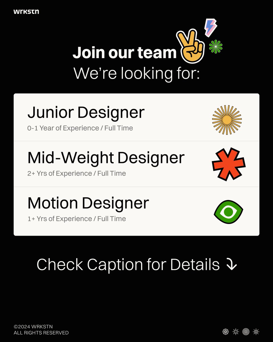 WRKSTN's tweet photo. We're lookig for designers to join our creative team.

Apply Now
https://t.co/W8d4U55Ymj

OR
tag a friend who'd be a perfect fit!

#designjobs #kolkata #kolkatadesigner #hiring #motiongraphics

25m https://t.co/CTVI70y3HR