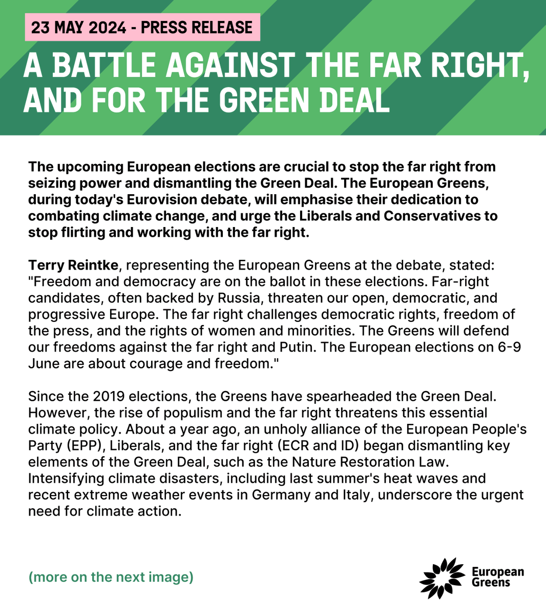 europeangreens's tweet photo. 🇪🇺The upcoming European elections are crucial to stop the far right from seizing power and dismantling the Green Deal.

This is what @TerryReintke's emphasis will be during today's #EurovisionDebate

Read the full press release here 👇
https://t.co/Ytn2wvrScp https://t.co/WTLvbjFd2m