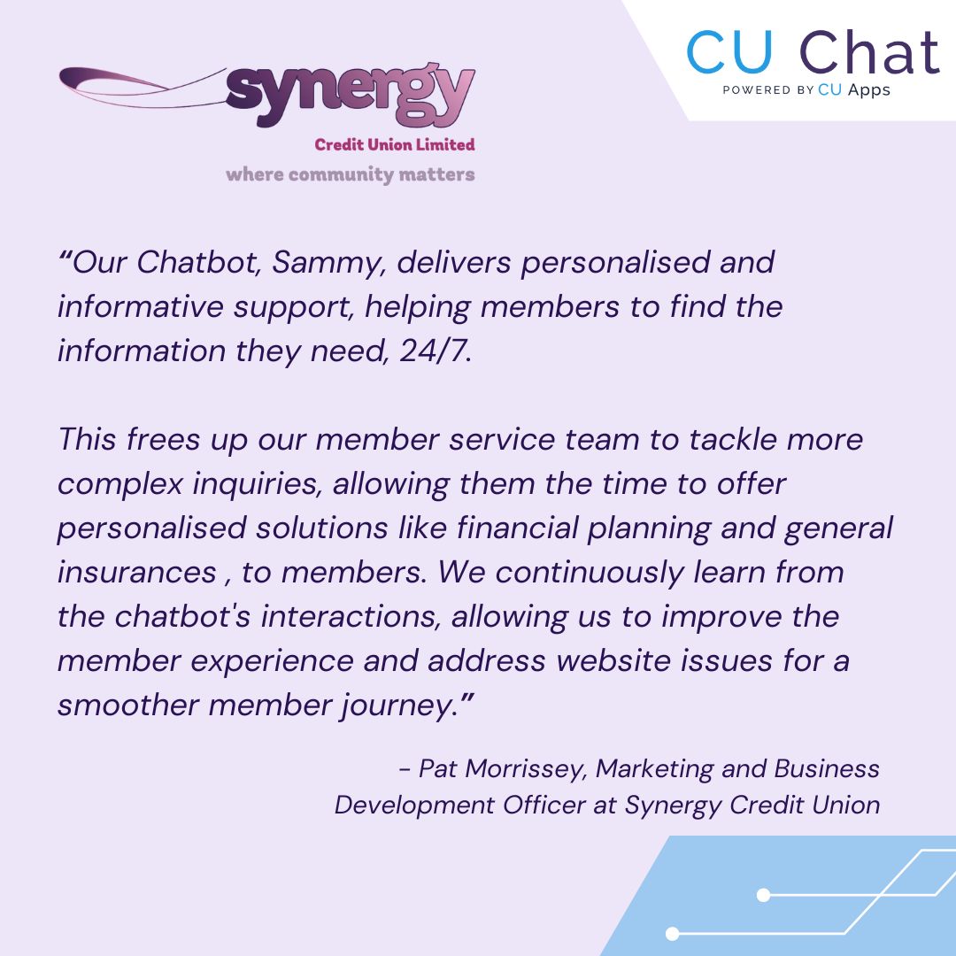 Brilliant feedback from <a href="/patmorrissey256/">Pat Morrissey</a> at Synergy Credit Union! Thrilled that they are enjoying chatting with Sammy!

Interested in enhancing your member experience with an AI chatbot? Book a meeting with us at lnkd.in/ehG33nhK or find out more at cu.chat
