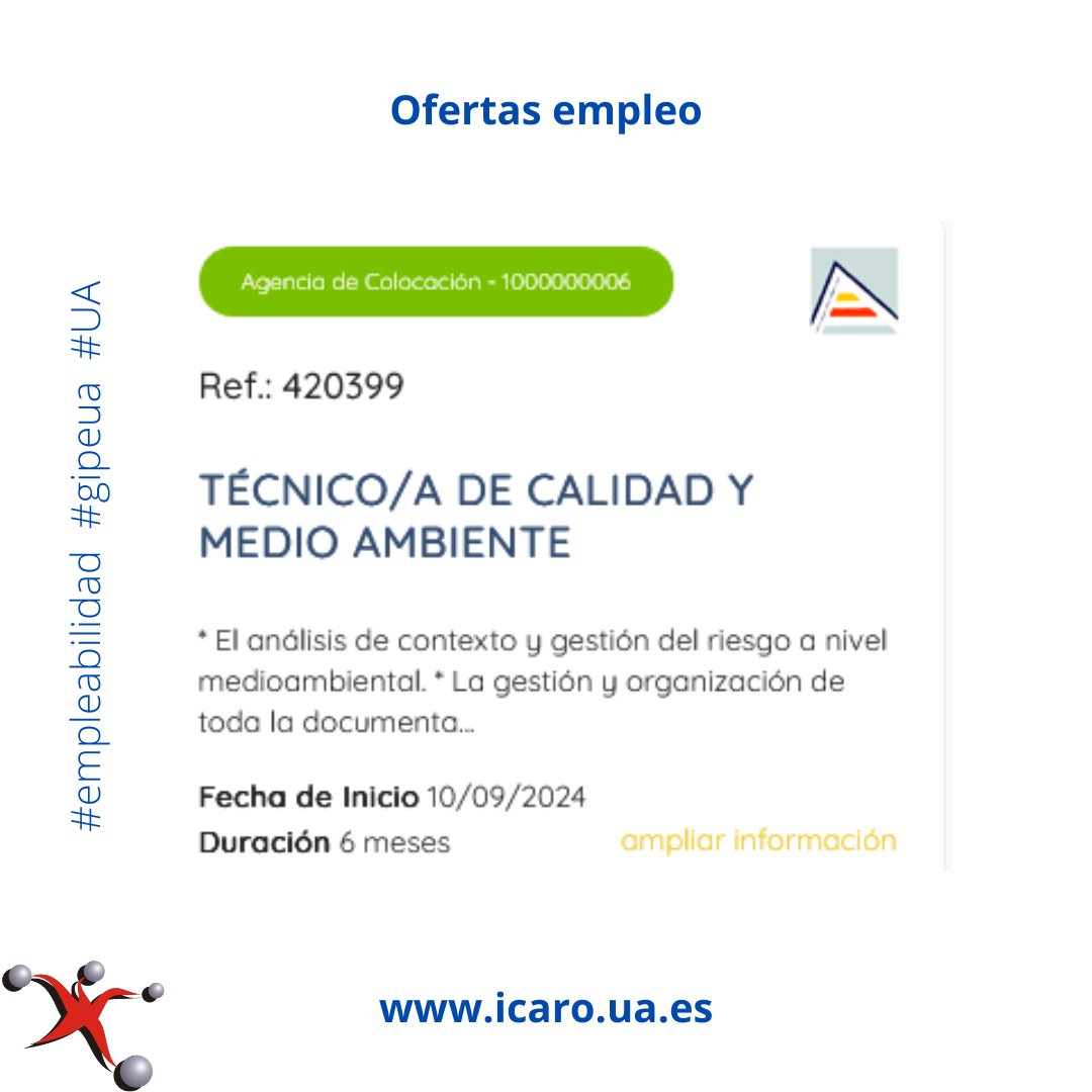 GIPE (@gipeua) on Twitter photo Tablón de ofertas de Empleo:
Técnico/a de Calidad y Medio Ambiente (Elche)
gipe.ua.es/es/tablon-de-o…
<a href="/Ciencias_UA/">CienciasUA</a> <a href="/DelcienciasUA/">Delegación Estudiantes de Ciencias UA</a> <a href="/EPSAlicante/">EPS Alicante</a> <a href="/DEEPSUA/">Delegación de Estudiantes EPS UA</a> <a href="/UA_Universidad/">Universidad de Alicante UA</a> <a href="/CentroEmpleoUA/">Centro de Empleo | UA</a> <a href="/_Alumni_UA/">AlumniUA</a> #empleabilidad #gipeua #UA Tablón de ofertas de Empleo:
Técnico/a de Calidad y Medio Ambiente (Elche)
gipe.ua.es/es/tablon-de-o…
<a href="/Ciencias_UA/">CienciasUA</a> <a href="/DelcienciasUA/">Delegación Estudiantes de Ciencias UA</a> <a href="/EPSAlicante/">EPS Alicante</a> <a href="/DEEPSUA/">Delegación de Estudiantes EPS UA</a> <a href="/UA_Universidad/">Universidad de Alicante UA</a> <a href="/CentroEmpleoUA/">Centro de Empleo | UA</a> <a href="/_Alumni_UA/">AlumniUA</a> #empleabilidad #gipeua #UA