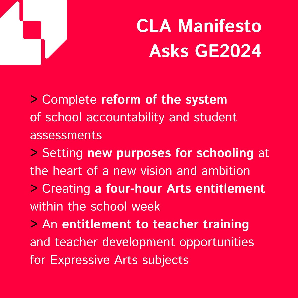 In response to our #2024ReportCard findings, we present our Manifesto Asks for the 2024 #GeneralElection. These demands outline crucial steps to halt and reverse the decline in Expressive Arts education culturallearningalliance.org.uk/manifesto/