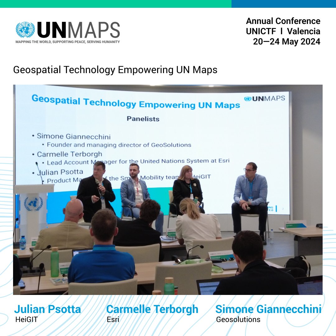 #UNMapsConference Moderated by Mr. Guillaume Criloux, panelists Mr. Julian Psotta from HeiGIT, Mr. Simone Giannecchini from GeoSolutions, and Mrs. Carmelle Terborgh from Esri discussed #geospatial technology empowering #UNMaps.