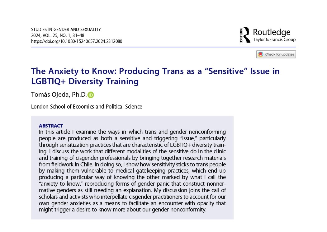 📢 New article alert: my 2nd PhD piece is out now! Here I look at the production of gender anxieties among psy professionals and the notion of trans as a ‘sensitive topic’ in instances of diversity training: tinyurl.com/anxietytoknow