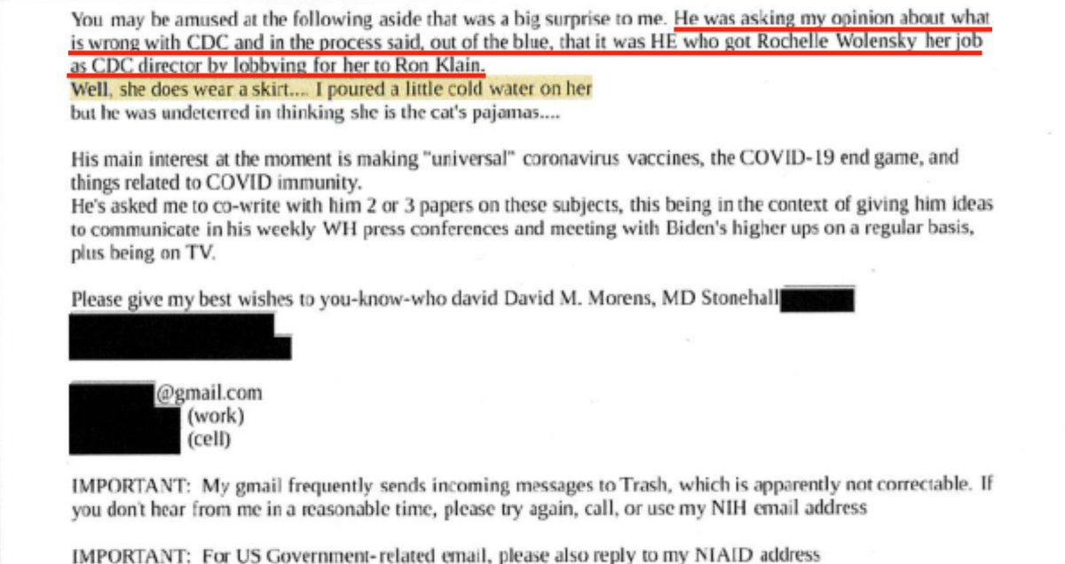 Congresswoman @millermeeks lays into Fauci's consigliere David Morens for referring to then CDC Director @RWalensky as a 'skirt.' Morens also reveals that Fauci bragged that he got Dr. Walensky her CDC job 'by lobbying for her to Ron Klain,' Pres. Biden's chief of staff.