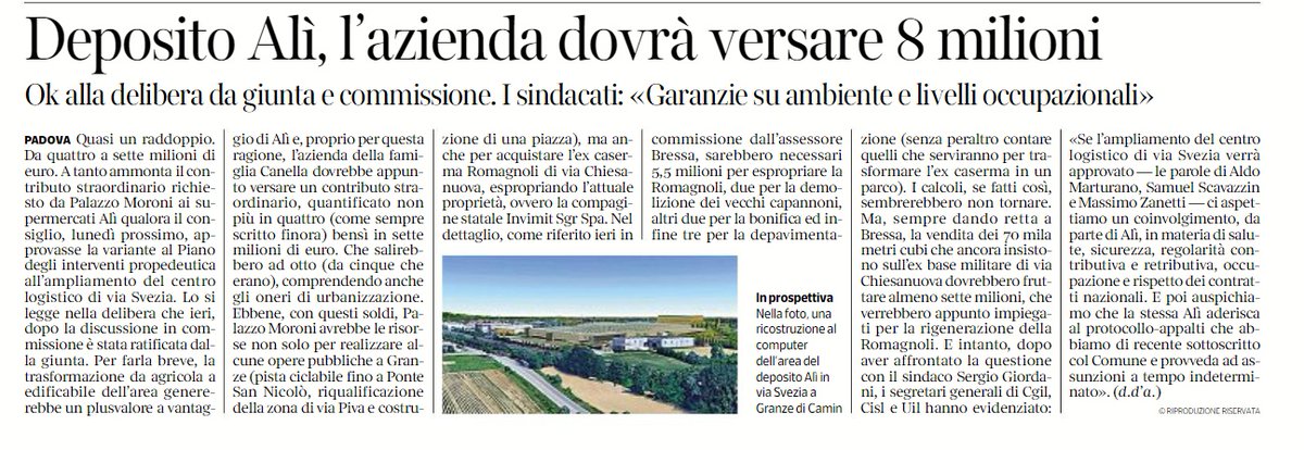 🗞️Il segretario @CislPdRo @SScavazzin con Cgil e Uil ha sottoscritto l’intesa col @comunepadova per l’ampliamento dell’hub Alì in zona industriale. L’intesa prevede il coinvolgimento delle OOSS con “la contrattazione d’anticipo” su salute, sicurezza e rispetto dei contratti.