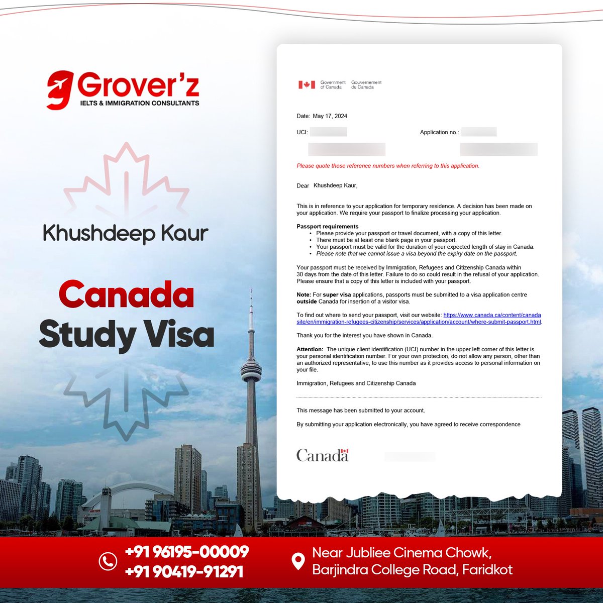 🚀🇨🇦 A heartfelt congratulations to Khushdeep Kaur on her Canada Study Visa approval, made possible by our dedicated support! #GroverzIeltsImmigration #Canada #StudyVisa #StudyInCanada #Visaapproved #Immigration #Visa