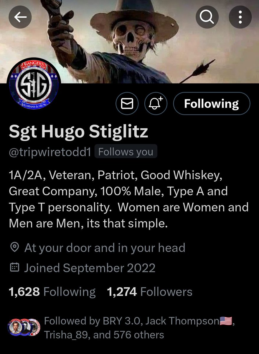 Hey 🇺🇸 America help push this Veteran to 1500 followers. He believes Women are Women and Men are Men. Sgt. Hugo @tripwiretodd1 is 💯 🇺🇸 American Male . So come on 🇺🇸 America show this Veteran what we can do. Help get him to 1500 followers. #RangersVetsAndLEOs #RangerSniper