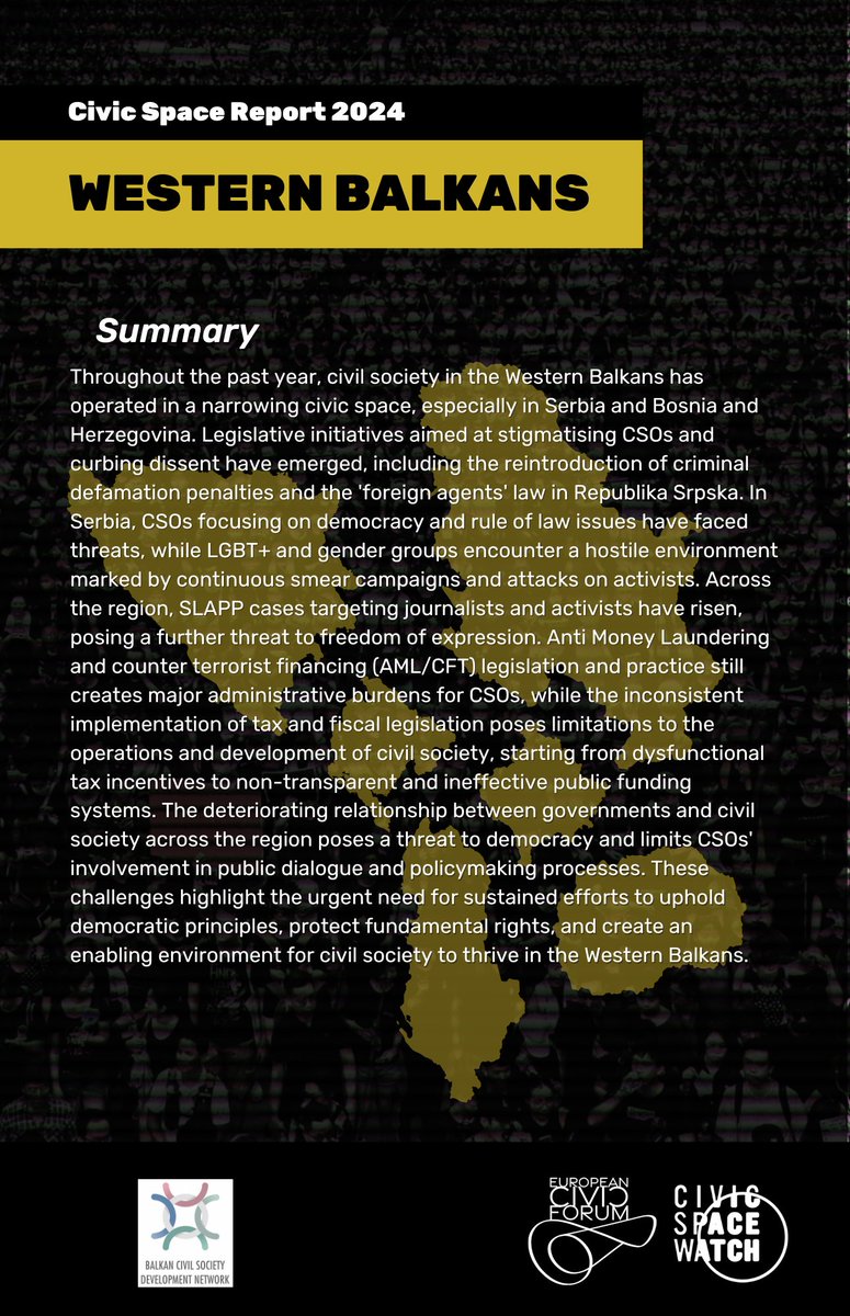 📚 The Civic Space Western Balkans Analysis was provided by BCSDN, highlighting freedom of peaceful assembly, interference in journalists’ work, and continued lack of specific forums for dialogue between the state and civil society at federal or state level.