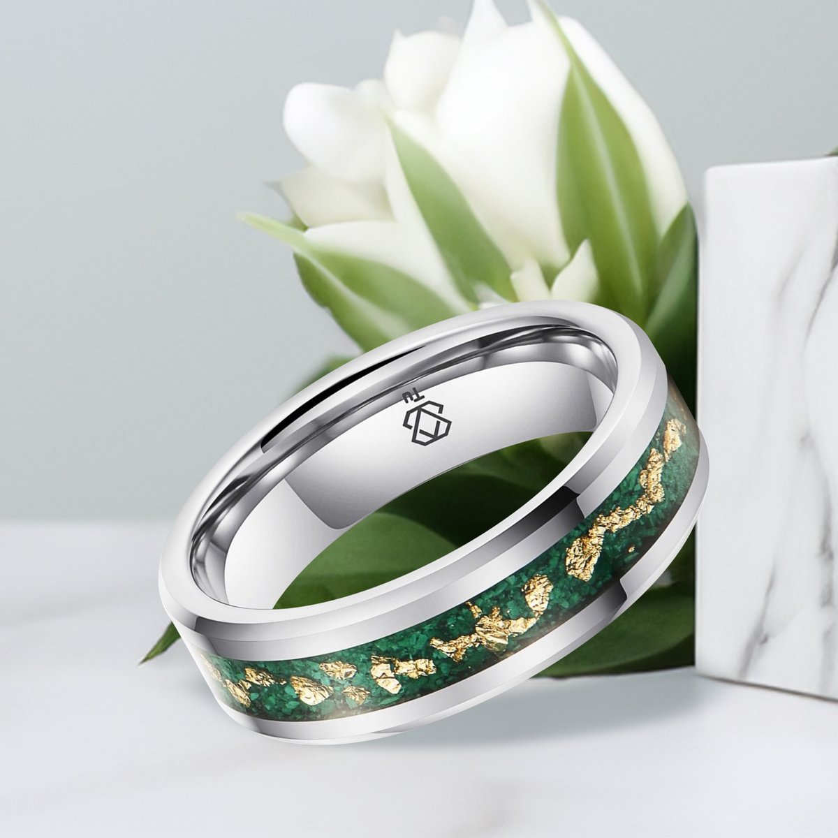 Tungsten Wedding #Ring with Gold Leaf & Green #Malachite Inlay - 6mm - Unisex Buy now - tinyurl.com/4ty7ferp #tungsten #tungstenring #tungstenrings #tungstencarbide