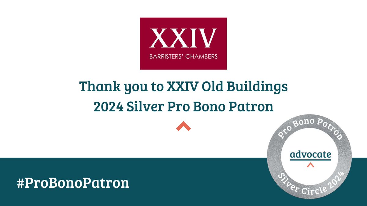 A massive THANK YOU to @xxivbarristers for being a SILVER #ProBonoPatron for 2024! 🎉

We could not operate without your support in delivering #AccessToJustice to as many people as possible.

Find out more about our #ProBonoPatron scheme ➡️bit.ly/Advoc8Patron