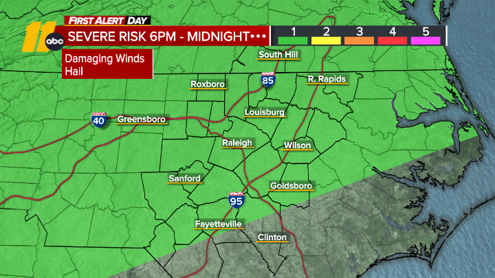 KweilynM's tweet photo. 5/23 First Alert Day: A subtle disturbance will  lead to clusters of storms this evening &amp; tonight.  Isolated severe storms (Level 1 of ) will be possible, along with downpours. #ncwx #Raleigh @ABC11_WTVD https://t.co/x6nCr7eRbe