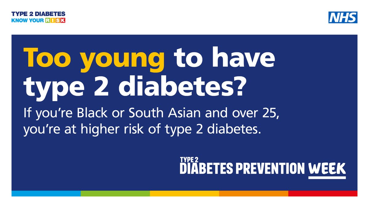 People from Black Caribbean, Black African and South Asian backgrounds are more at risk of type 2 diabetes and from a younger age. Find out your risk – it could be the most important thing you do today. riskscore.diabetes.org.uk #Type2DiabetesPreventionWeek @NHSDiabetesProg