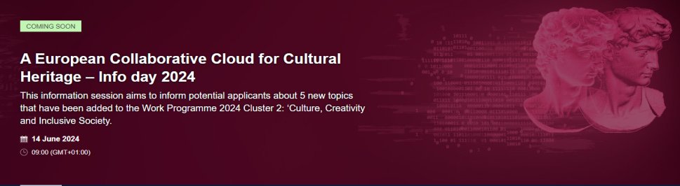 Announcing the European Collaborative Cloud for Cultural Heritage Info Day! Learn about new funding opportunities, get details on 5 new topics and ask your questions. 🗓️ Save the date: 14 June 2024, 09:00 GMT. More info: …rch-innovation-community.ec.europa.eu/events/PPEJ9Hi… #ECCCH #CulturalHeritage #EUFunding