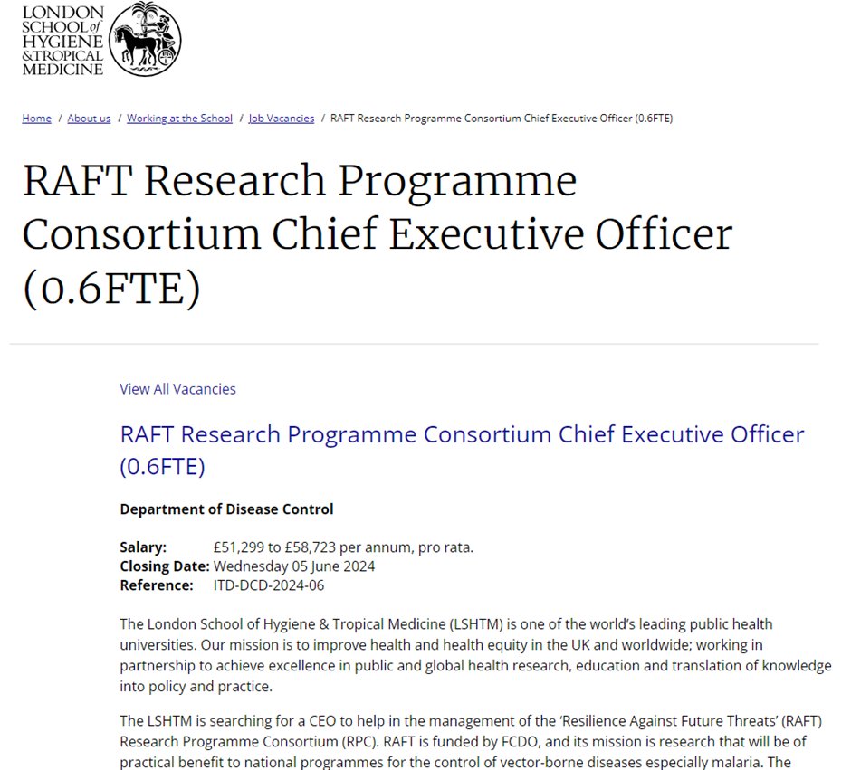 Reminder 2 weeks to go - deadline for RAFT CEO job is 5 June2024 Have an impact on vector-borne diseases in Africa & Asia by leading operations across all RAFT’s activities, including research & governance. Apply: jobs.lshtm.ac.uk/vacancy.aspx?r…