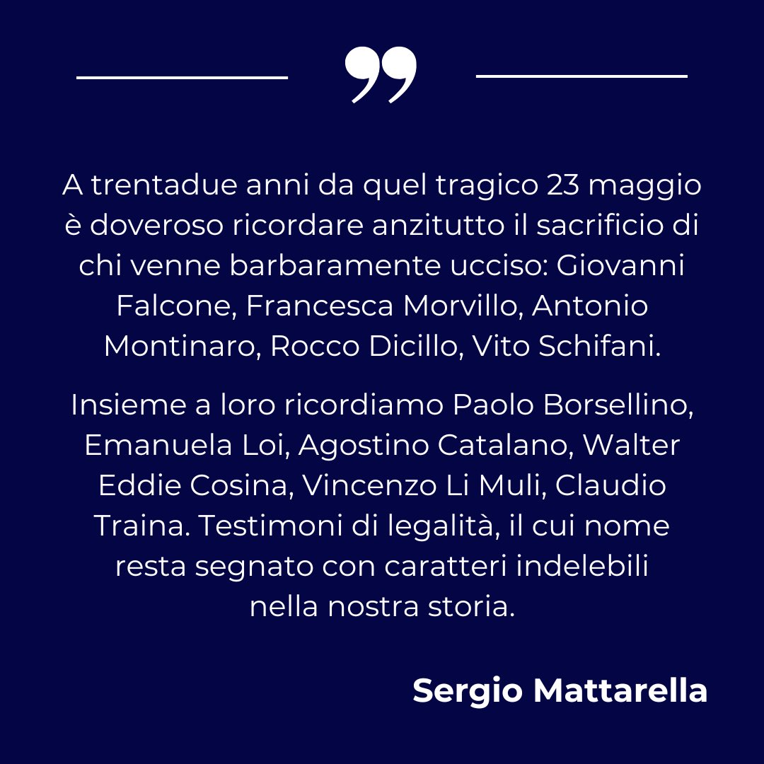 Dichiarazione del Presidente #Mattarella in occasione del 32° anniversario della strage di #Capaci: quirinale.it/elementi/112562