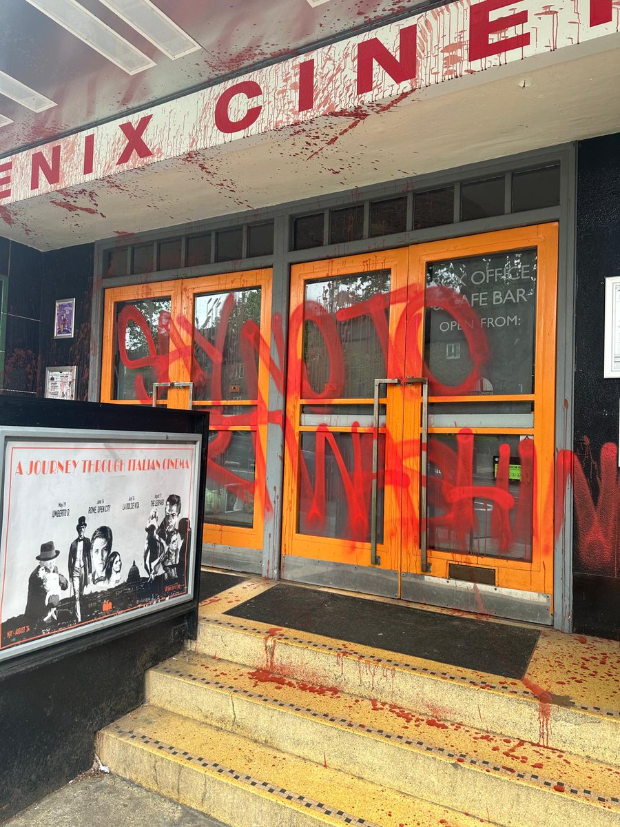 Last night terror supporters vandalised the Phoenix Cinema.

Tonight they are planning to harass the neighbourhood and terrorise the people who want to watch the documentary film 'SuperNova' by 'Tribe of Nova'. 
The film is about the massacre occurred on the 7th October at the