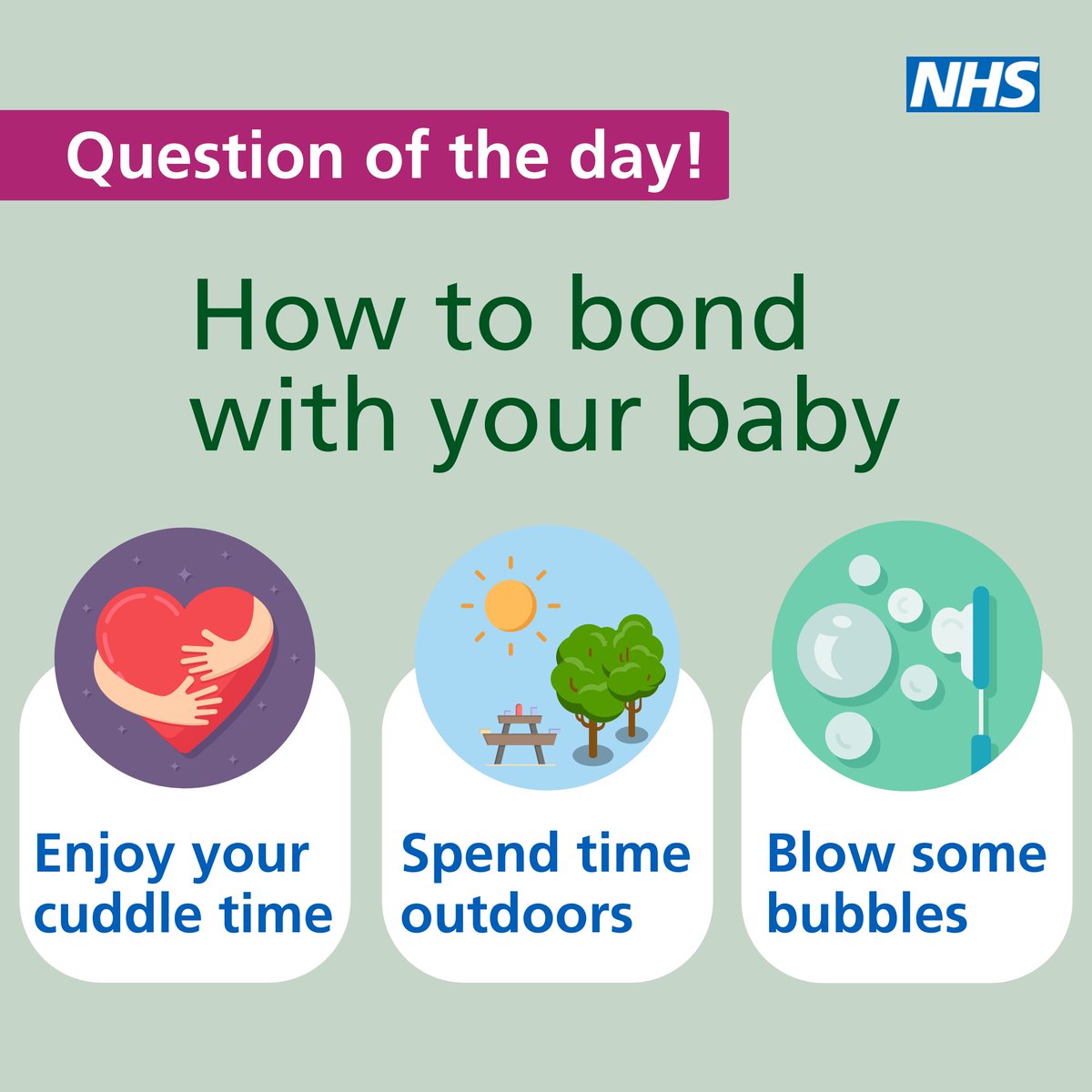 CambsPboroCYP's tweet photo. Question of the day ⁉️ How to bond with your baby?
💛 Enjoy cuddle time
🌳 Spend time outdoors
🫧 Blow some bubbles
For lots more ways to bond with your baby visit: https://t.co/fe4kPvfCp0
#FunFriday #CCSTopTips #QuestionOfTheDayCP #CPHCP https://t.co/pFBt2KU7we
