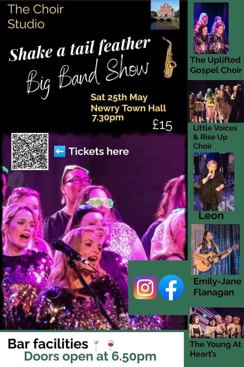 The Choir Studio Big Band Night ⭐️🎶Shake A Tail Feather⭐️🎶 takes place this coming Saturday, May 25th, in Newry Town Hall, Admission £15. (Doors open at 6.50pm) There will also be full bar facilities on the evening. #Newry 
ticketsource.co.uk/choir-studio