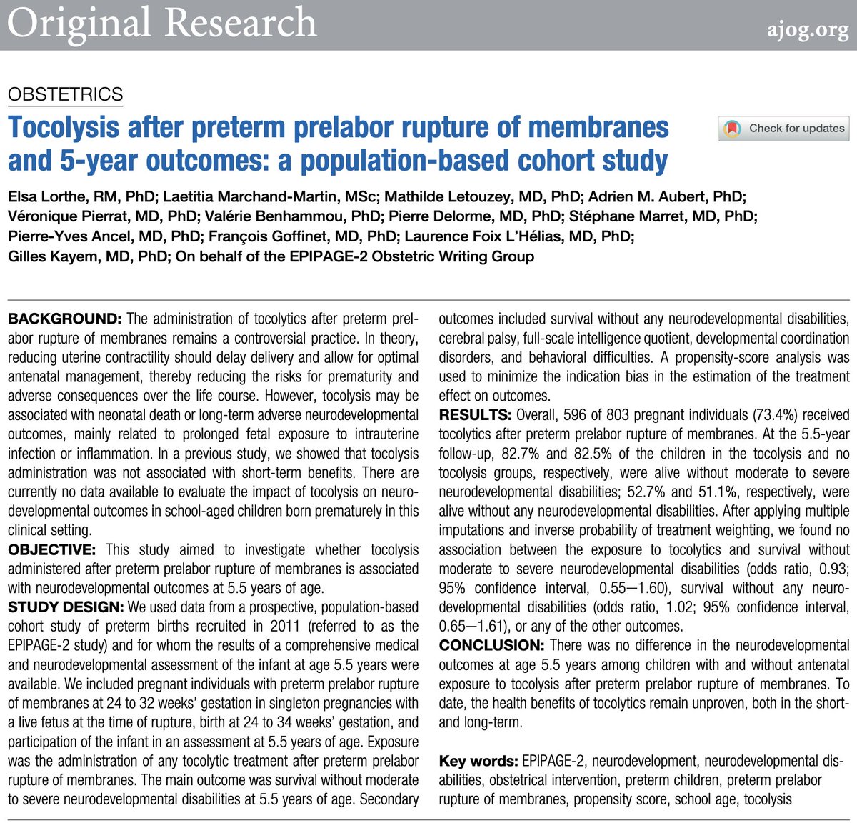 Tocolysis after preterm prelabor rupture of membranes and 5-year outcomes: a population-based cohort study ow.ly/kBGb50RShF0