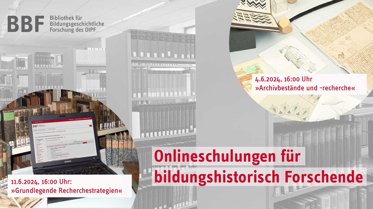 Im Juni bietet die @BBF_DIPFBerlin zwei Online-Schulungen für bildungshistorisch Forschende und Interessierte an: Am 4.6.24 zu Archivbeständen und -recherche und am 11.6.24 zu grundlegenden Recherchestrategien für Bibliotheken.
Alle Infos unter: 
bbf.dipf.de/de/arbeiten-le… 
#histed