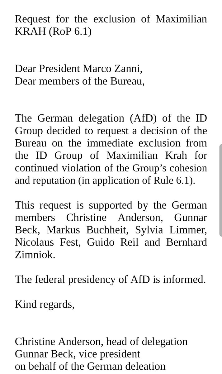 Die #AfD-Delegation im Europaparlament hat soeben den Ausschluss von Maximilian #Krah aus der ID-Fraktion beantragt. Der Antrag liegt @tonline vor. Grund: 'fortgesetzte Verletzung des Zusammenhalts und des Ansehens der Fraktion'.