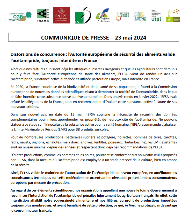 [#CP_CGB] - Distorsions de concurrence : l’Autorité européenne de sécurité des aliments valide l’acétamipride, toujours interdite en France cgb-france.fr/presse/cp-dist…