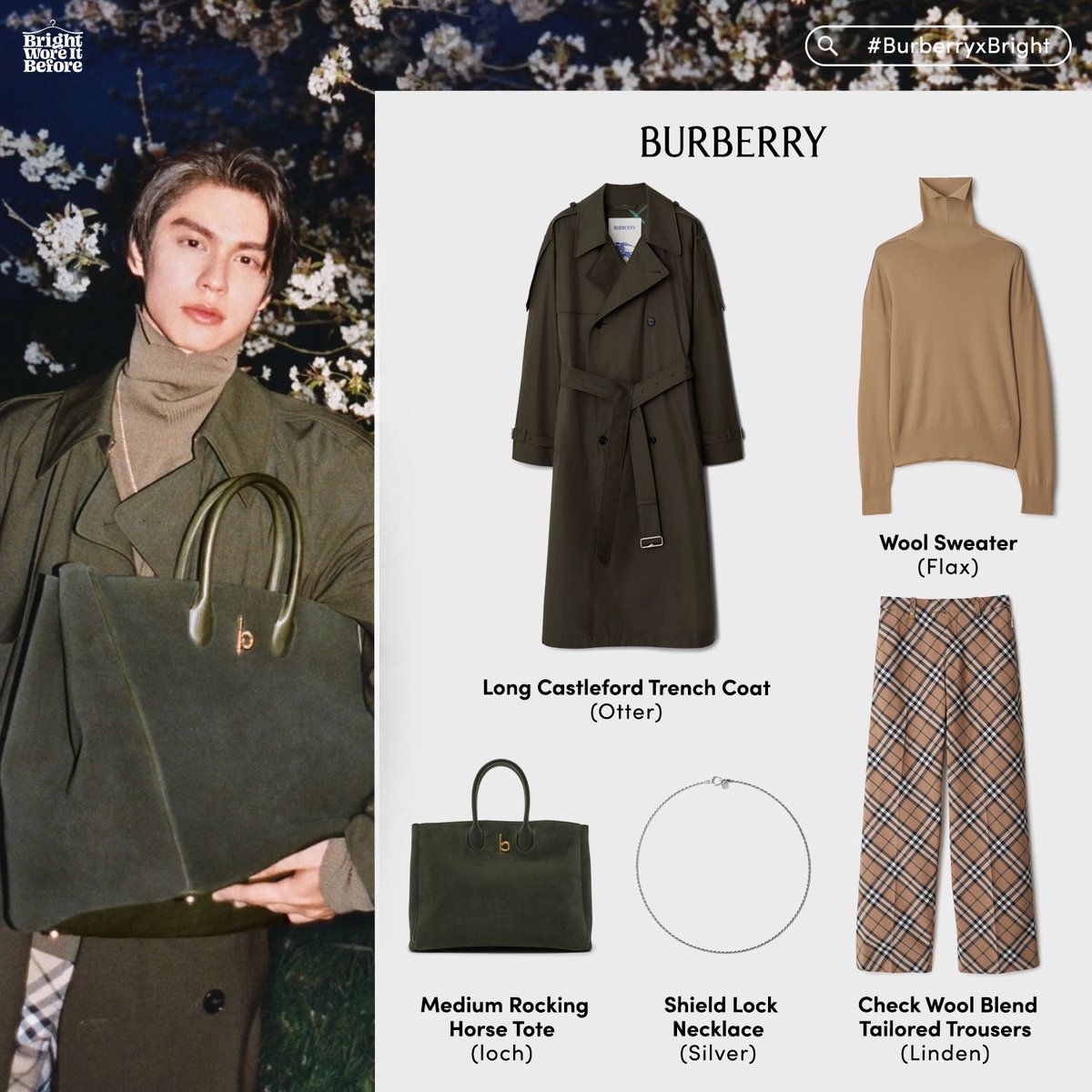 ◆◇ All @Burberry ◇◆

👕 Wool Sweater (Flax)
🛒 £820 (38,081 THB) 

🥼 Long Castleford Trench Coat (Otter)
🛒 £2,190 (101,705 THB)

📿 Shield Lock Necklace (Silver)
🛒 £430 (19,969 THB)

👜 Medium Rocking Horse Tote (Loch)
🛒 105,000 THB 

👖 Check Wool Blend Tailored Trousers
