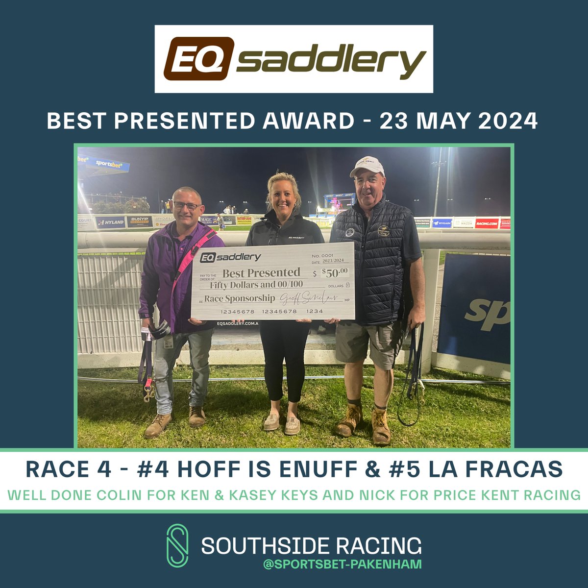 SthsideRacing's tweet image. Kylie from EQ Saddlery - Pakenham selects the best presented from Race 2 at Sportsbet-Pakenham tonight! 🙌

Feeling generous, Kylie has handed out 2 awards tonight! 😍

Congratulations to HOFF IS ENUFF and Colin for @kmkeys and to LA FRACAS and Nick from @MickPriceRacing 👏