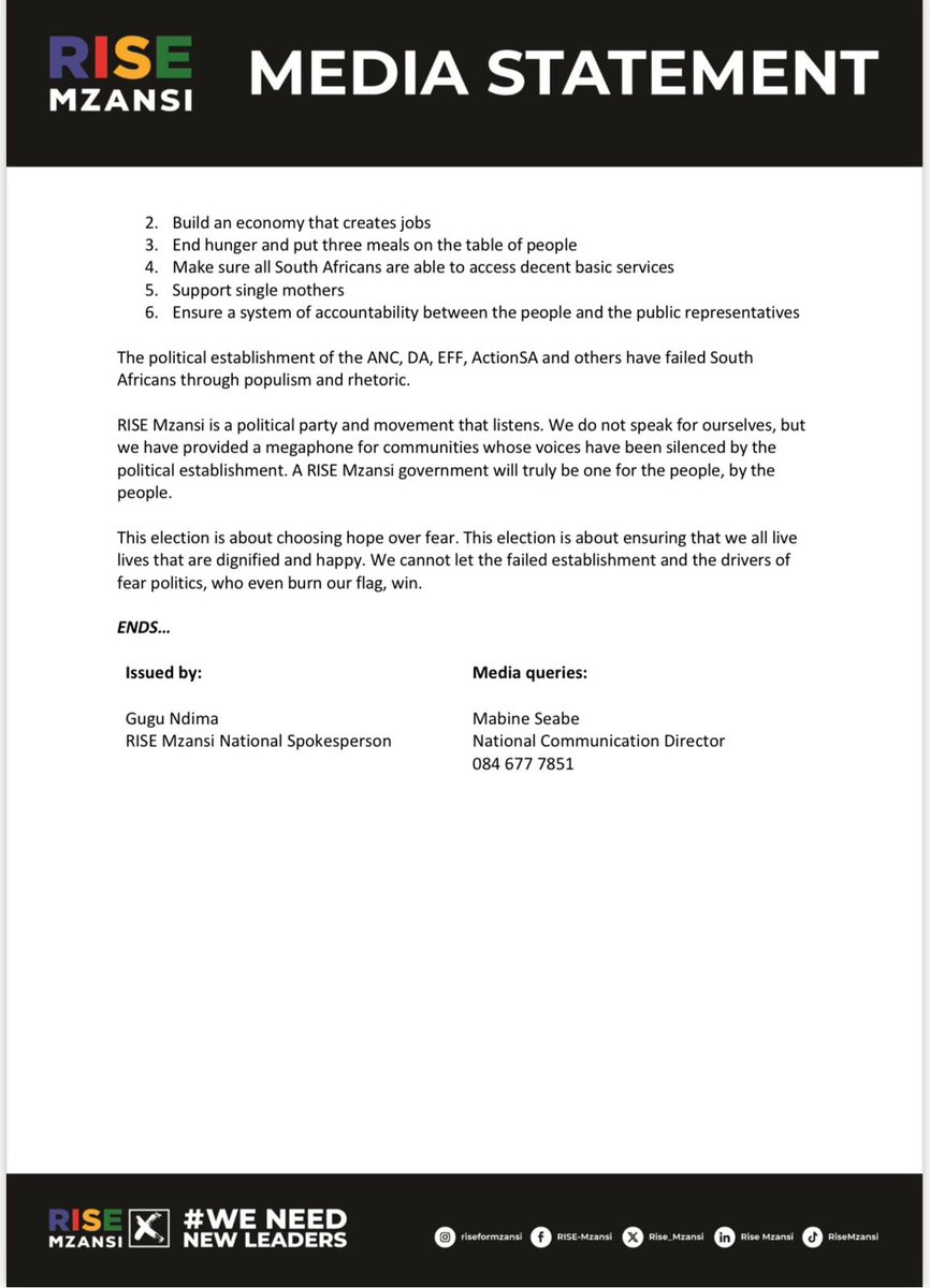 [MEDIA STATEMENT] South Africa is a divided country; and pointing to that fact is not racist – RISE Mzansi’s new leaders will build a united country Media Statement by RISE Mzansi National Spokesperson, Gugu Ndima (@mandima_writer) #WeNeedNewLeaders #VoteRISEMzansi