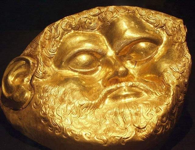 Golden mask of Teres I, the first ruler of the Odrysian kingdom. This 2400-year-old life-size mask made of 23.5-carat gold and weighing 672 g (1.48 lb) belonged to king Teres I (450 – 431 BC), and was unearthed in a mound at the Valley of the Thracian kings, Kazanlak region in