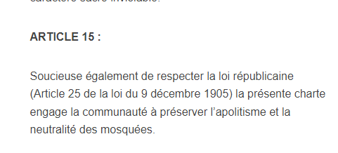 @le_Parisien Donc le recteur ne respecte pas la charte signée par cinq des neuf fédérations du Conseil français du culte musulman (CFCM), dont la Grande Mosquée de Paris et en particulier son article 15 ..
» La Charte (mosqueedeparis.net)