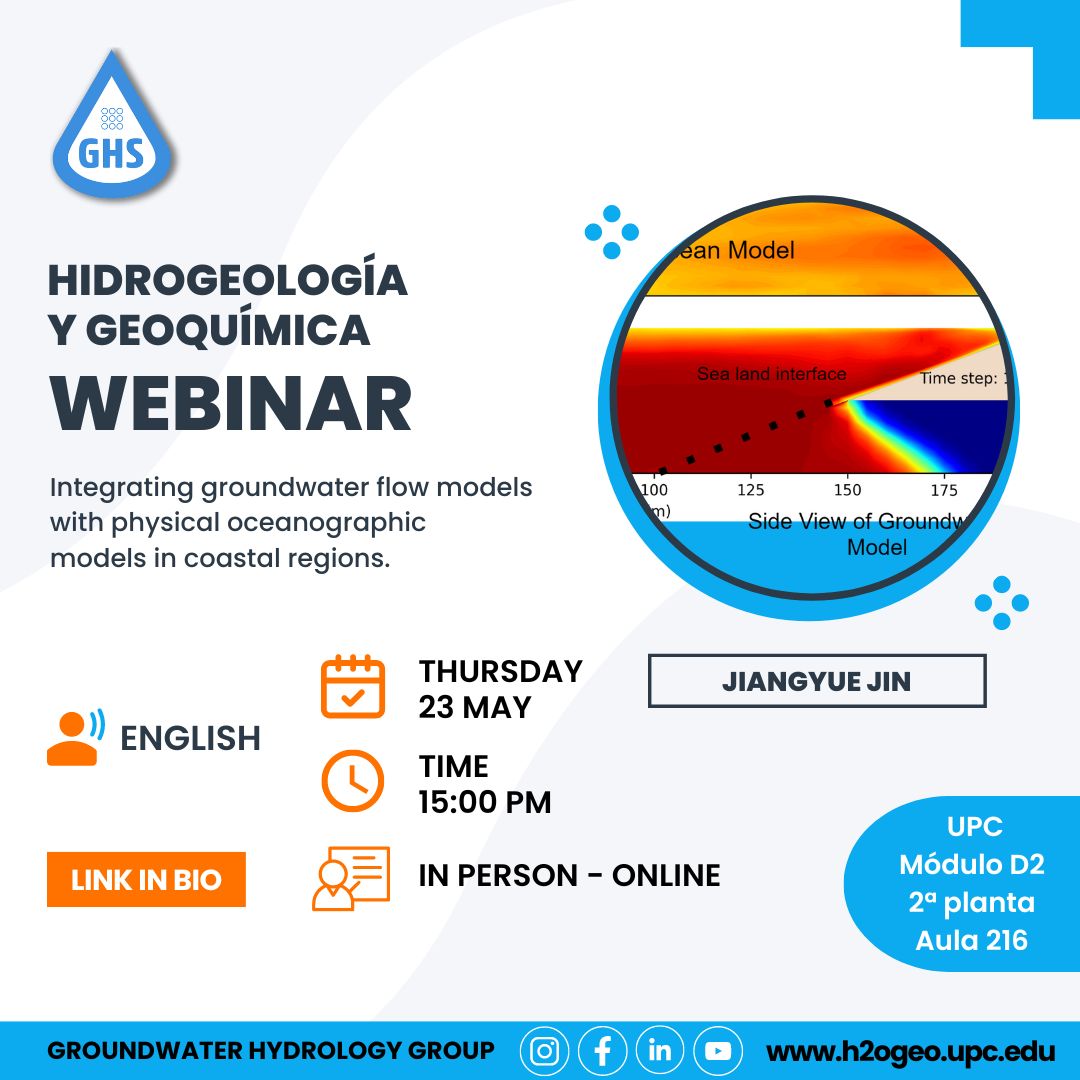 NEW WEBINAR   

🗣️Autor: Jiangyue Jin 
Integrating groundwater flow models with physical oceanographic models in coastal regions.  

ONLINE Jueves 23 de mayo 15:00hs en: meet.google.com/snb-qdkn-eex 

Seminarios de manera gratuita en nuestro canal de YouTube 📷youtube.com/channel/UCnNVn…