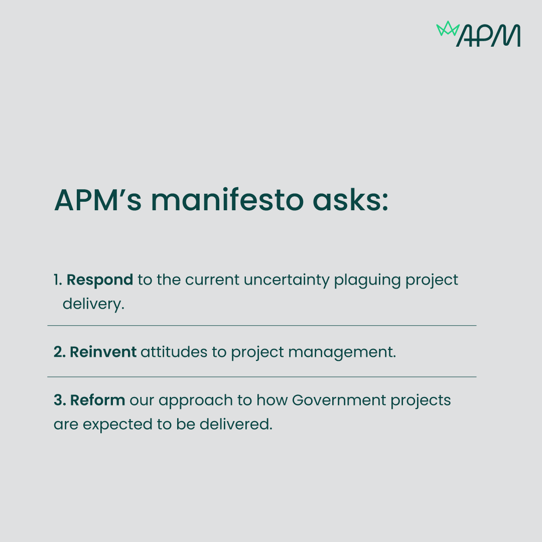 With a UK #GeneralElection called for Thursday 4 July, APM’s manifesto asks are threefold: ◼️ Respond to the current uncertainty plaguing project delivery. ◼️ Reinvent attitudes to #projectmanagement. ◼️ Reform our approach to how Government projects are expected to be