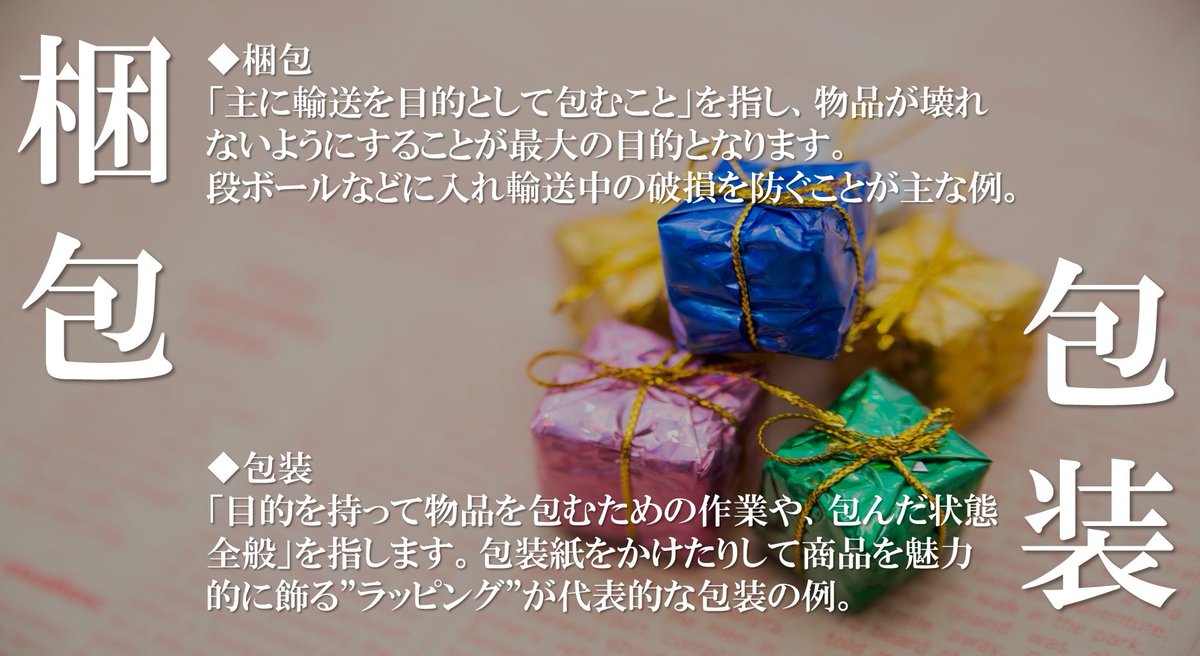 「梱包」と「包装」はこんな違いがあるんです💡 それぞれ包む目的が違ったんですね！ ガリレオはあなたのプレゼントがよりいいものになるように '包装' をやっております！🎁