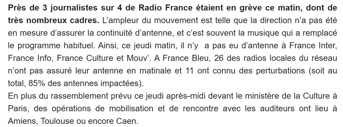 72 % de grévistes jeudi dans les rédactions de Radio France contre la fusion de l'audiovisuel public, annonce le @snj_rf