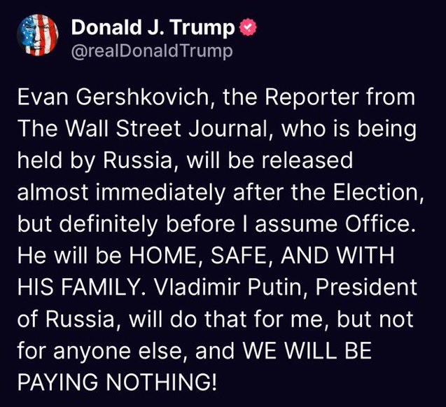 Trump: “Vladimir Putin…Will do that for me, but not for anyone else.” Donald Trump is a Russian asset.