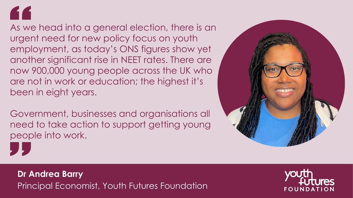 Today's @ONS figures reveal yet another significant rise for young people not in employment, education or training (NEET) in the UK. Dr Andrea Barry, Principal Economist at Youth Futures Foundation, comments on the latest data: