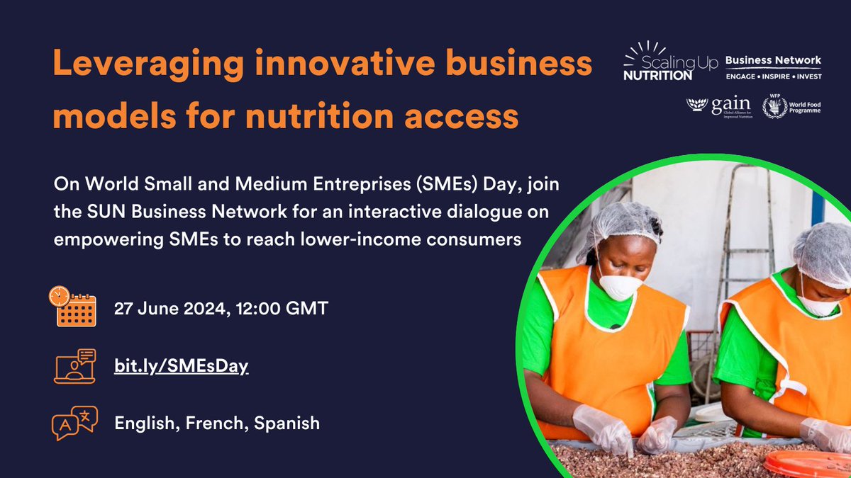 Save the Date🗓️
June 27th, 2024
SBN, in collaboration with <a href="/SUN_Movement/">Scaling Up Nutrition (SUN) Movement</a> <a href="/GAINalliance/">GAIN</a> &amp; <a href="/WFP/">World Food Programme</a> will present a deep dive on how SMEs can leverage innovative business models to reach low-income consumers with nutritious foods.
Register here- bit.ly/SMEsDay
#Thursdays4SMEs