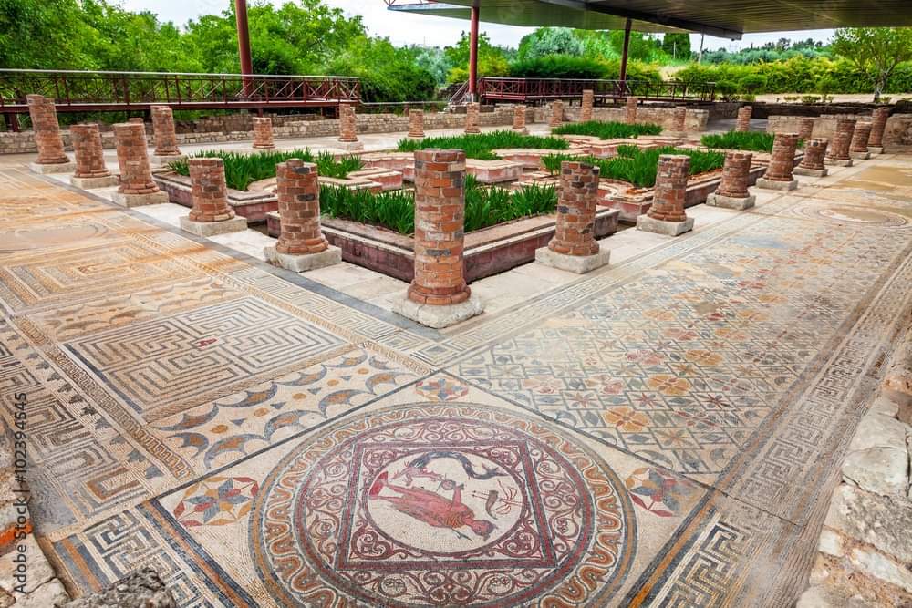 Mosaics from the House of Fountains, Conímbriga , Portugal. Roman settlement of Conímbriga was one of the largest in Portugal and is today the best preserved and most impressive. The ruins of this ancient town are situated in the countryside around 16 km (10 miles) south of