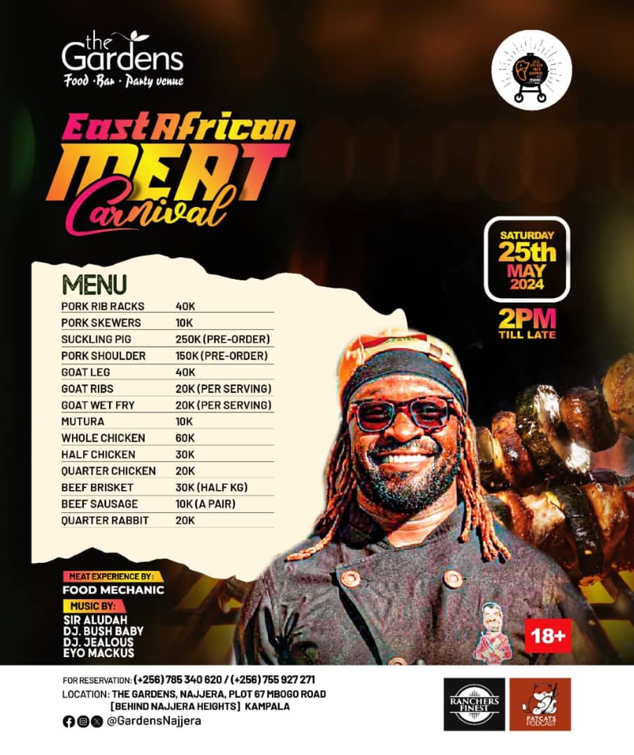 Treat yourself this weekend 😺😺 The May edition of the #EastAfricanMeatCarnival at @GardensNajjera will be happening. @Mo_Chef_Mu is ready to put on a show so make your pre-orders, tell a friend & get ready for D-Day!! #FatCatsPod