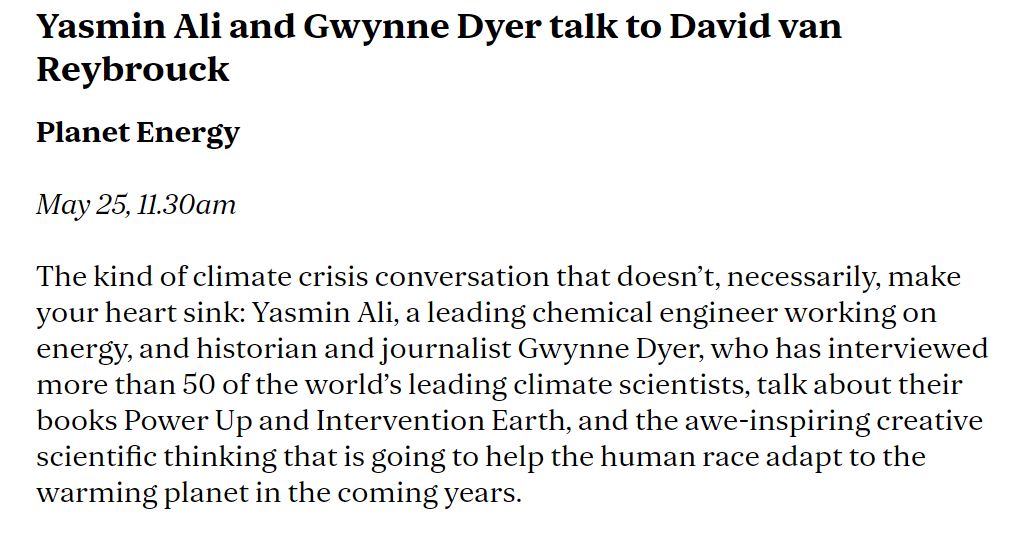 Great to see @EveningStandard recommending @EngineerYasmin's event in their guide to #Hay festival standard.co.uk/culture/books/… Power Up does indeed celebrate the 'awe-inspiring creative scientific thinking' that is addressing the climate crisis!