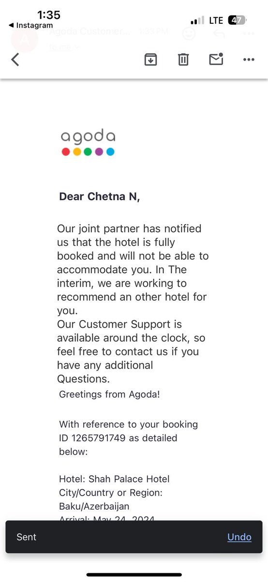 naitik_oswal's tweet photo. After booking and paying in full on the 10th May 2024 to reserve for accommodation 24th to 27th May in Baku, @agodaindia has conveniently on 23rd May raised their hands and informed us that the hotel is now full. We are stranded here with my 6 months pregnant wife. https://t.co/iy6XNPMPOM