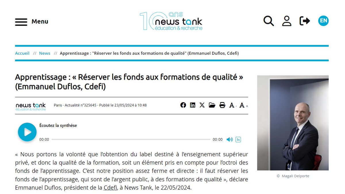#Apprentissage

« Notre position est ferme et directe : il faut réserver les fonds de l’apprentissage, qui sont de l’argent public, à des formations de #qualité. » @emduflos 

📰 education.newstank.fr/article/view/3…